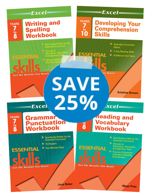 Essential Skills: English Book Pack Years 7-8 (Grammar,Vocabulary, Reading &Writing) 4 Books